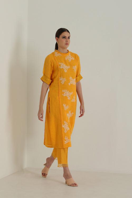 Mustard Tunic In Gauze Linen With Embroidery & Silk Chanderi Pants