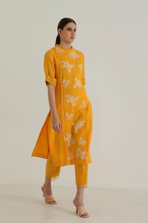 Mustard Tunic In Gauze Linen With Embroidery & Silk Chanderi Pants