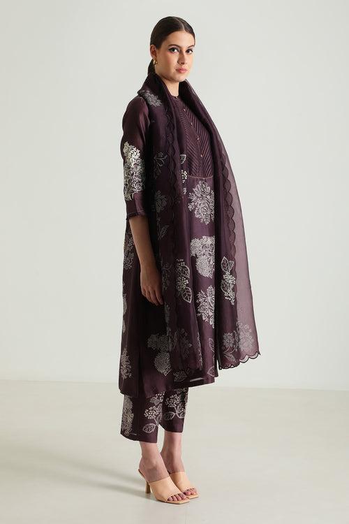 Printed Lavender Tunic With Hand Embroidery In Silk Chanderi & Printed Straight Pants In Silk Chanderi