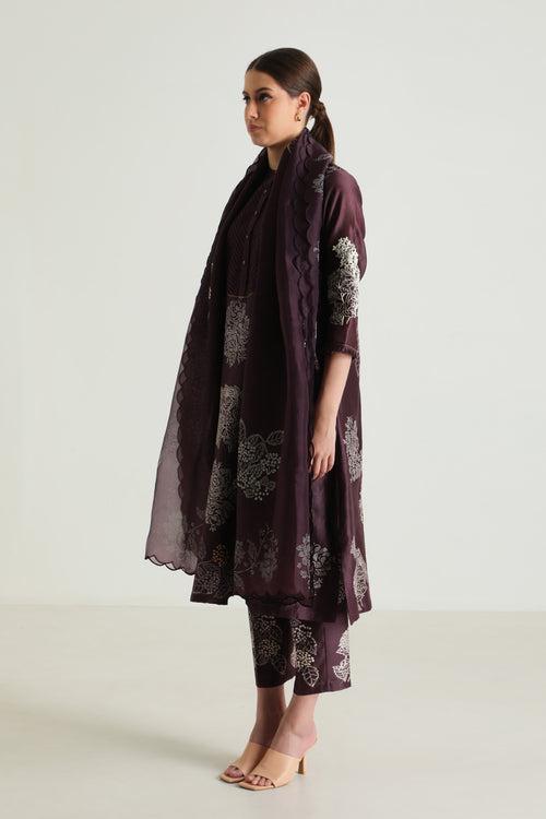 Printed Lavender Tunic With Hand Embroidery In Silk Chanderi & Printed Straight Pants In Silk Chanderi