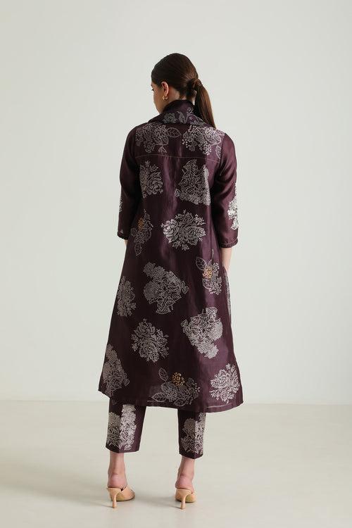 Printed Lavender Tunic With Hand Embroidery In Silk Chanderi & Printed Straight Pants In Silk Chanderi