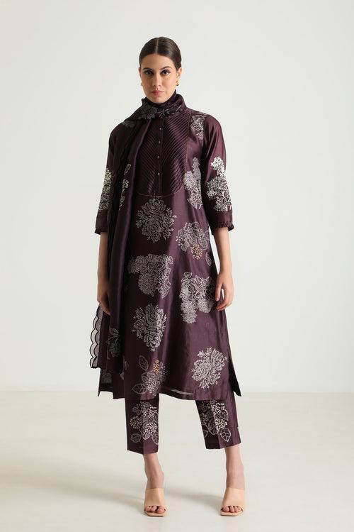 Printed Lavender Tunic With Hand Embroidery In Silk Chanderi & Printed Straight Pants In Silk Chanderi