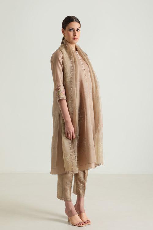 Beige Double Layer Tunic With Embroidery On Sleeve & Silk Chanderi Pant