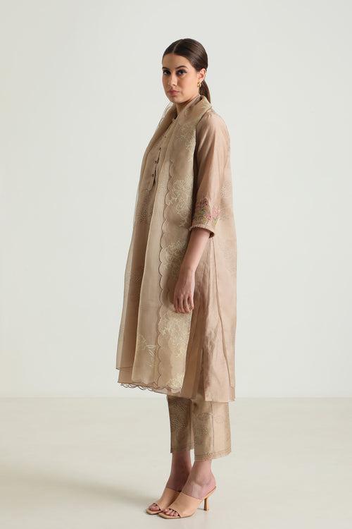 Beige Double Layer Tunic With Embroidery On Sleeve & Silk Chanderi Pant