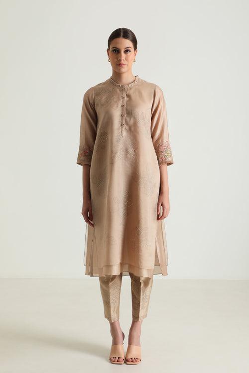 Beige Double Layer Tunic With Embroidery On Sleeve & Silk Chanderi Pant