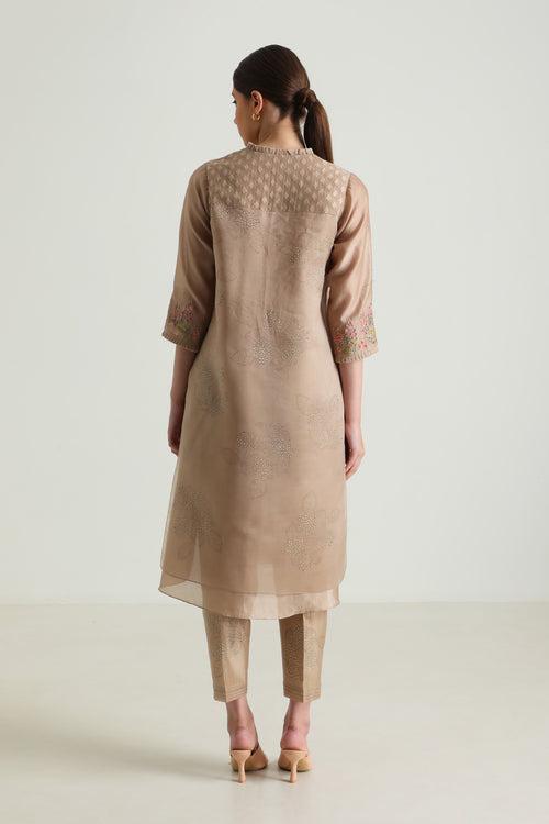 Beige Double Layer Tunic With Embroidery On Sleeve & Silk Chanderi Pant