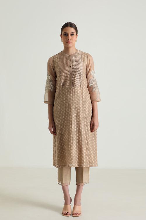 Beige Tunic In Brocade With Embroidery And Silk Chanderi Pant