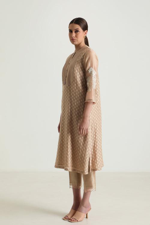 Beige Tunic In Brocade With Embroidery And Silk Chanderi Pant