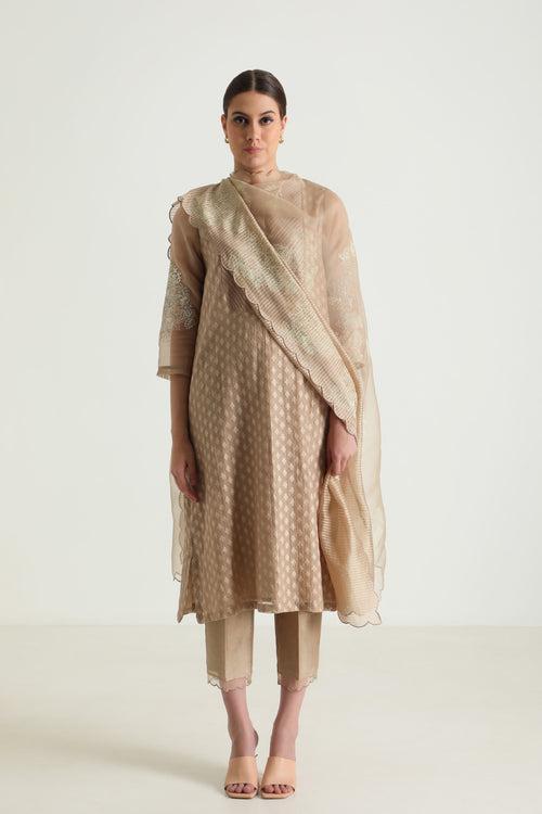 Beige Tunic In Brocade With Embroidery And Silk Chanderi Pant