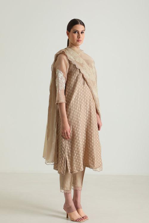 Beige Tunic In Brocade With Embroidery And Silk Chanderi Pant