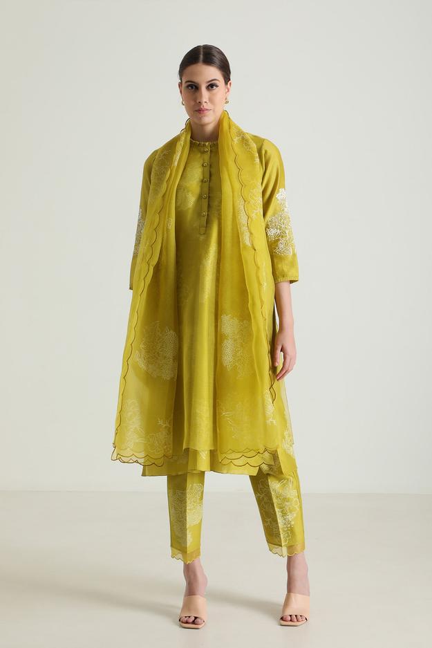 Printed Chartruese Double Layer Tunic With Embroidery & Printed Silk Chanderi Pant