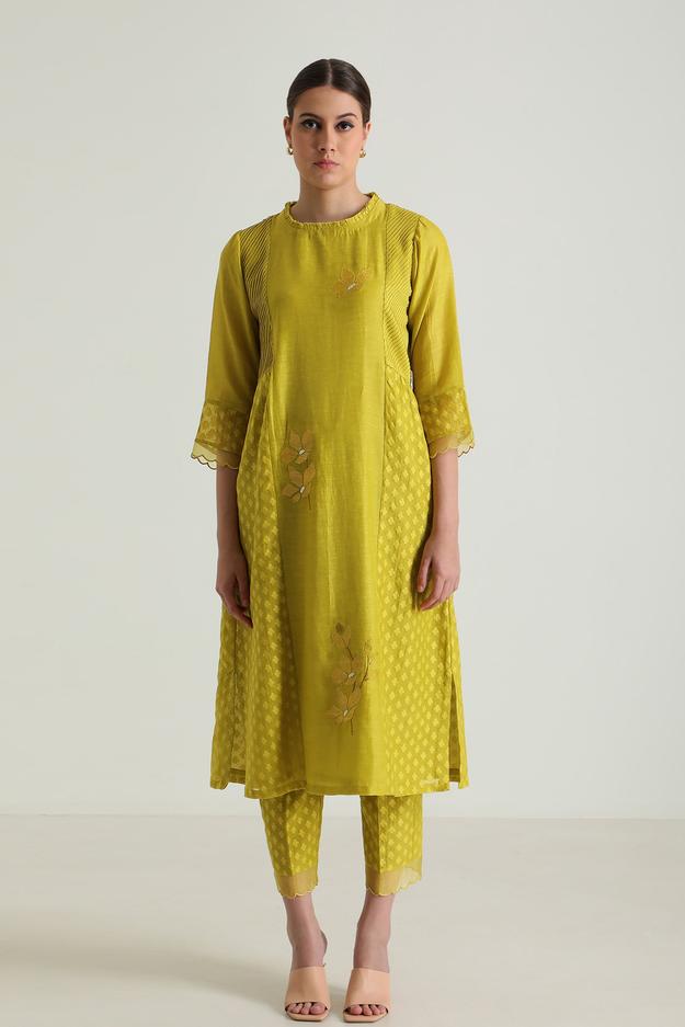 Chartruese Tunic In Brocade And Silk Chanderi With Embroidery & Straight Pants In Brocade