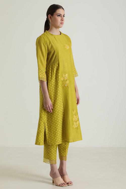 Chartruese Tunic In Brocade And Silk Chanderi With Embroidery & Straight Pants In Brocade