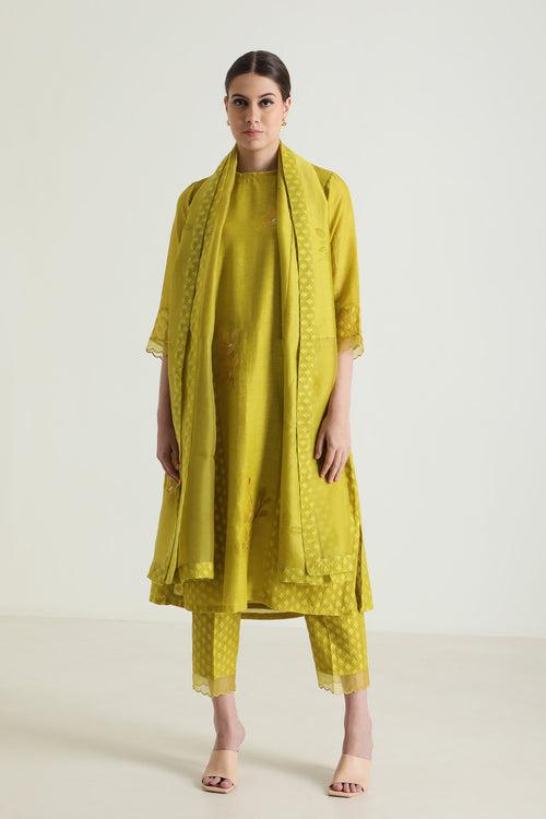 Chartruese Tunic In Brocade And Silk Chanderi With Embroidery & Straight Pants In Brocade