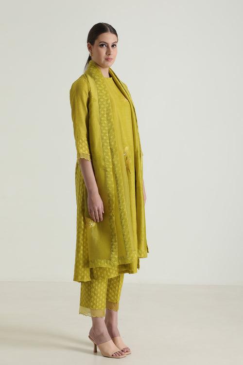 Chartruese Tunic In Brocade And Silk Chanderi With Embroidery & Straight Pants In Brocade