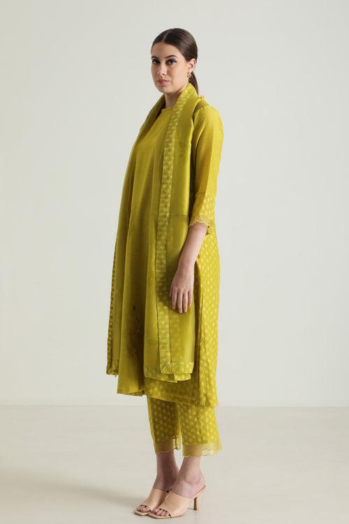 Chartruese Tunic In Brocade And Silk Chanderi With Embroidery & Straight Pants In Brocade