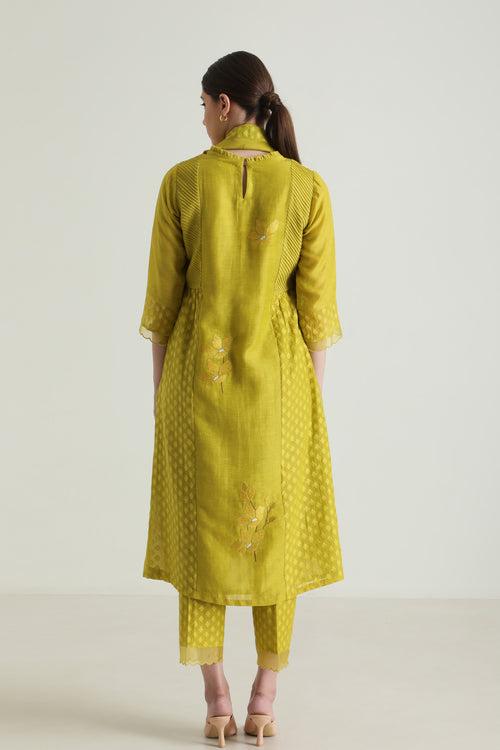 Chartruese Tunic In Brocade And Silk Chanderi With Embroidery & Straight Pants In Brocade