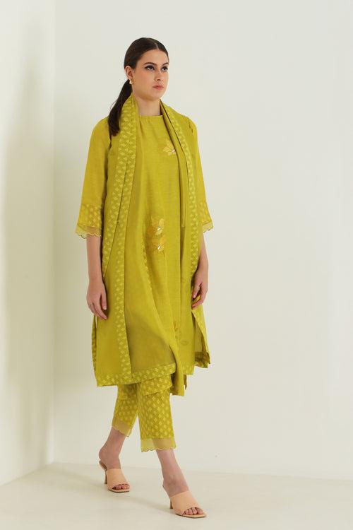 Chartruese Tunic In Brocade And Silk Chanderi With Embroidery & Straight Pants In Brocade