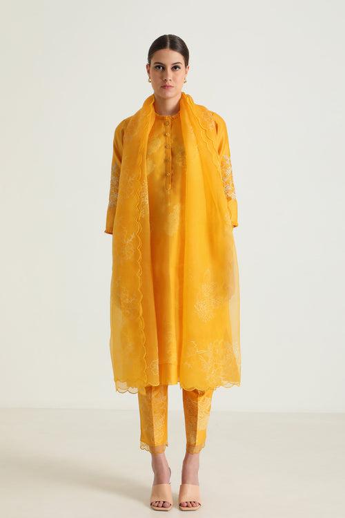 Printed Mustard Double Layer Tunic With Embroidery & Printed Slik Chanderi Pant