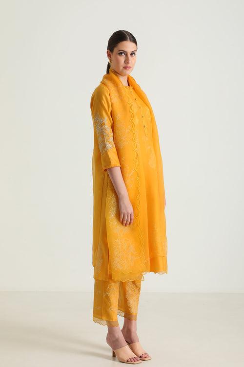 Printed Mustard Double Layer Tunic With Embroidery & Printed Slik Chanderi Pant