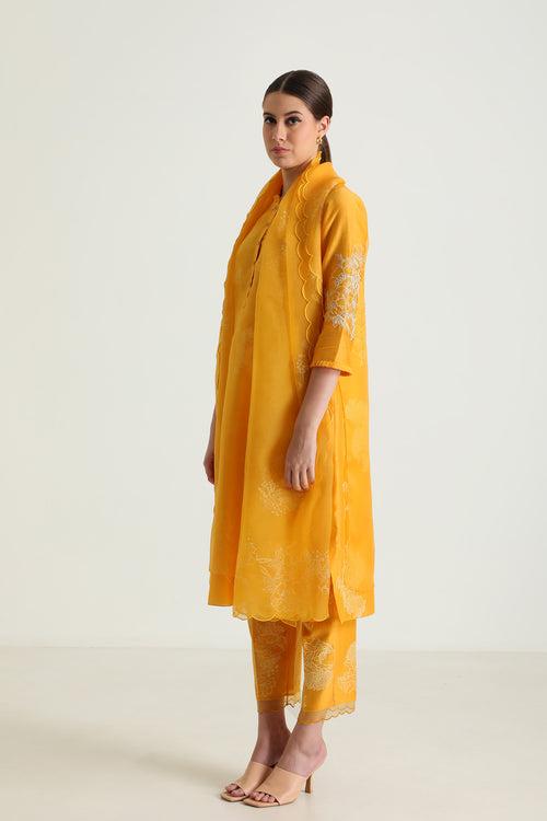 Printed Mustard Double Layer Tunic With Embroidery & Printed Slik Chanderi Pant