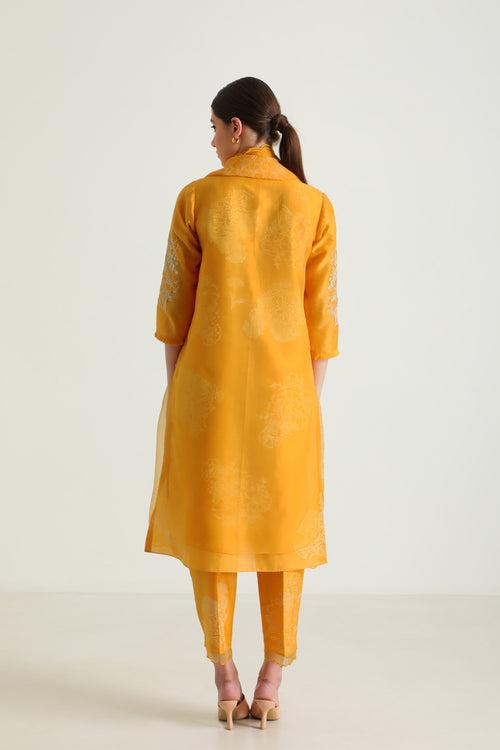 Printed Mustard Double Layer Tunic With Embroidery & Printed Slik Chanderi Pant