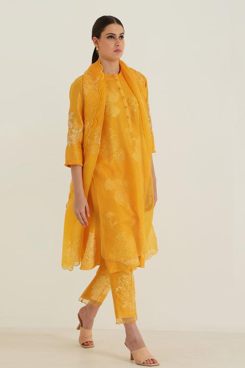 Printed Mustard Double Layer Tunic With Embroidery & Printed Slik Chanderi Pant