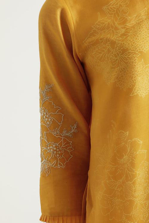 Printed Mustard Double Layer Tunic With Embroidery & Printed Slik Chanderi Pant