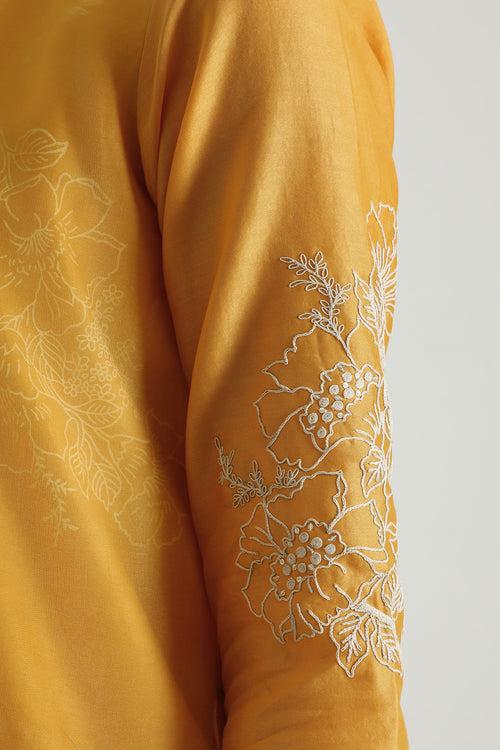 Printed Mustard Double Layer Tunic With Embroidery & Printed Slik Chanderi Pant