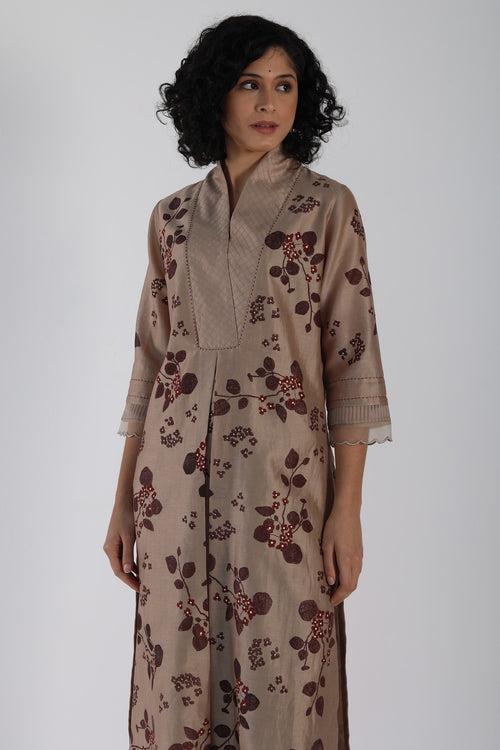 Beige Tunic in Lavender Sakura Print Silk Chanderi With Scalloped Sleeve And Silk Chanderi Pants