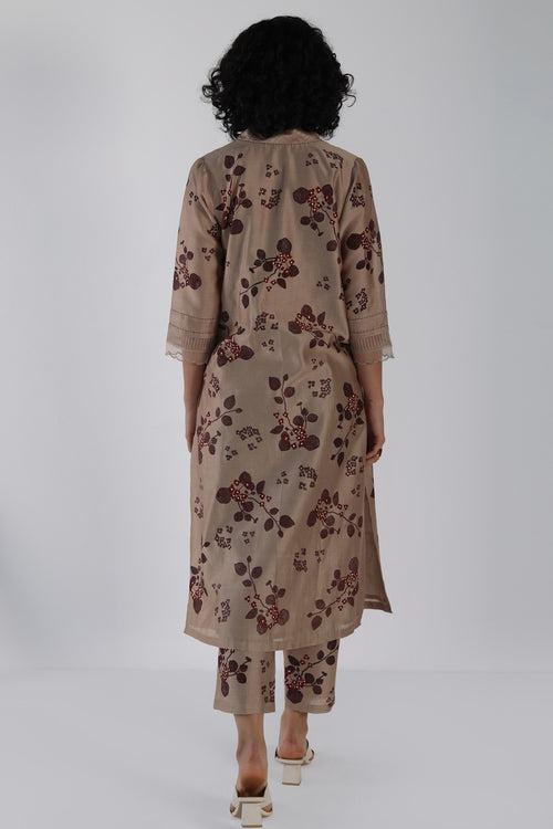 Beige Tunic in Lavender Sakura Print Silk Chanderi With Scalloped Sleeve And Silk Chanderi Pants