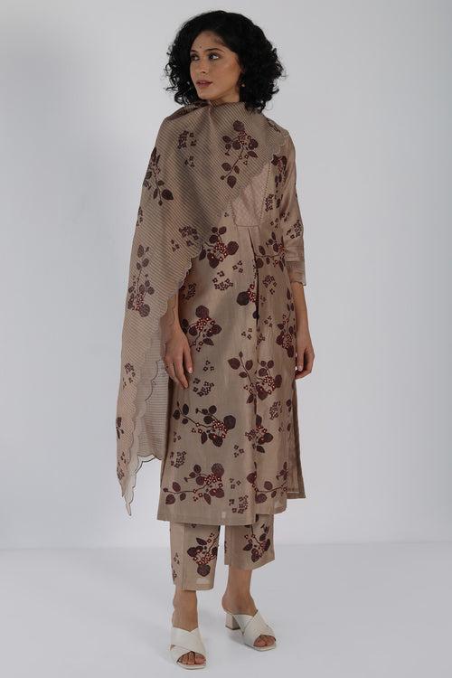 Beige Tunic in Lavender Sakura Print Silk Chanderi With Scalloped Sleeve And Silk Chanderi Pants