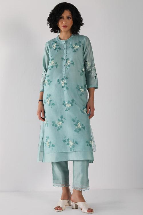 Mint Tunic in Sakura Print Tonal Double Layered  In Organza And Silk Chanderi And Silk Chanderi Pant