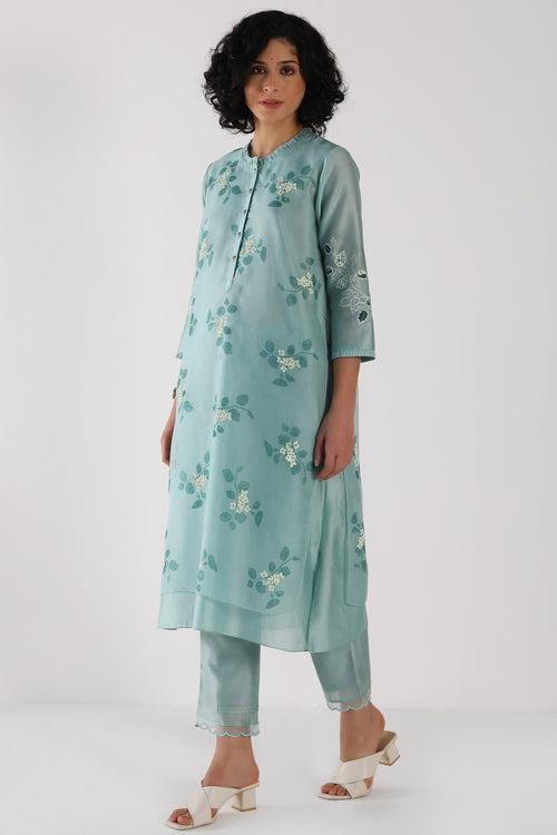 Mint Tunic in Sakura Print Tonal Double Layered  In Organza And Silk Chanderi And Silk Chanderi Pant