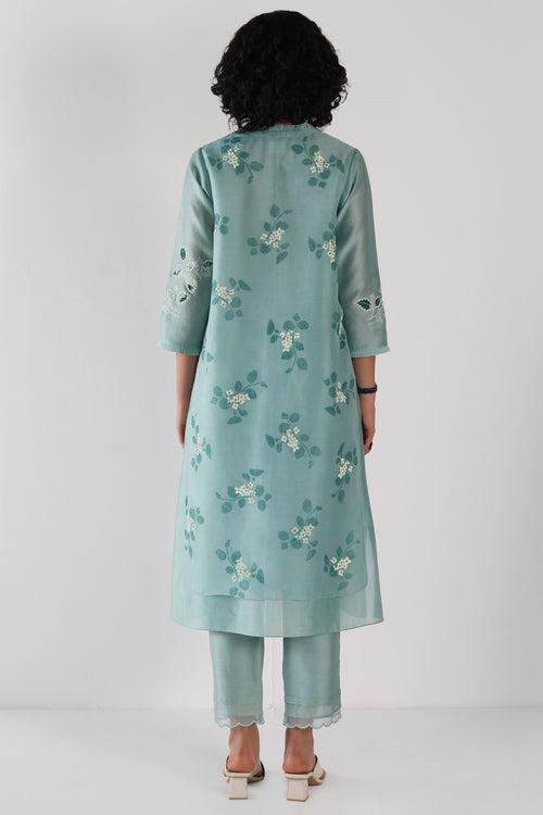 Mint Tunic in Sakura Print Tonal Double Layered  In Organza And Silk Chanderi And Silk Chanderi Pant