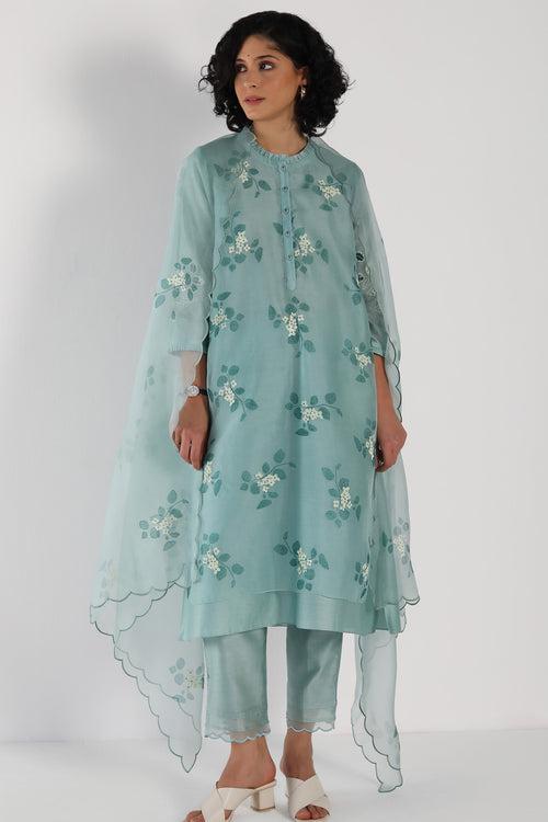 Mint Tunic in Sakura Print Tonal Double Layered  In Organza And Silk Chanderi And Silk Chanderi Pant