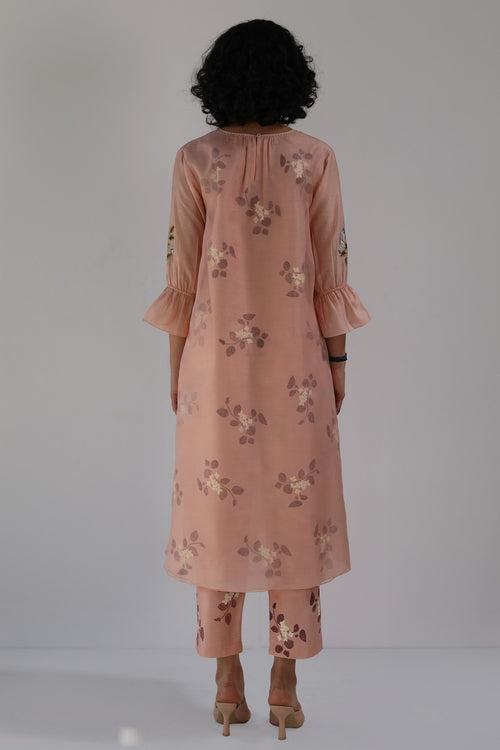 Old Rose Tunic in Lavender Sakura Print Double Layered In Organza And Silk Chanderi And Silk Chanderi Pants