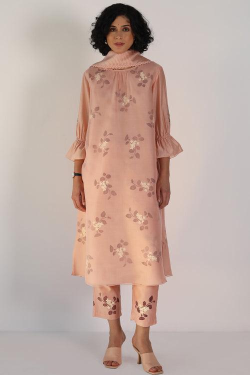 Old Rose Tunic in Lavender Sakura Print Double Layered In Organza And Silk Chanderi And Silk Chanderi Pants