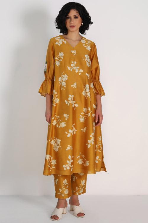 Ochre Tunic in Yuri Print Silk Chanderi And Silk Chanderi Pant