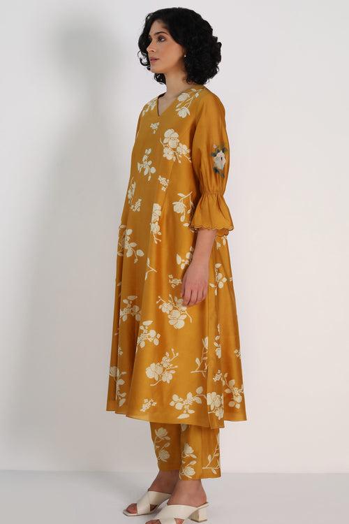 Ochre Tunic in Yuri Print Silk Chanderi And Silk Chanderi Pant