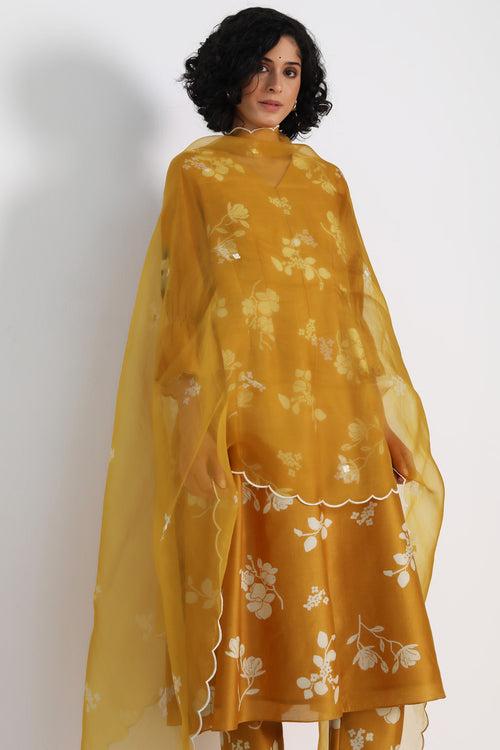 Ochre Tunic in Yuri Print Silk Chanderi And Silk Chanderi Pant