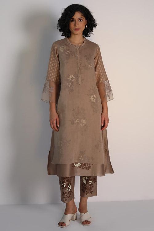 Tonal Yuri Print Double Layered Tunic In Cotton Chanderi And Silk Chanderi And Silk Chanderi Pants