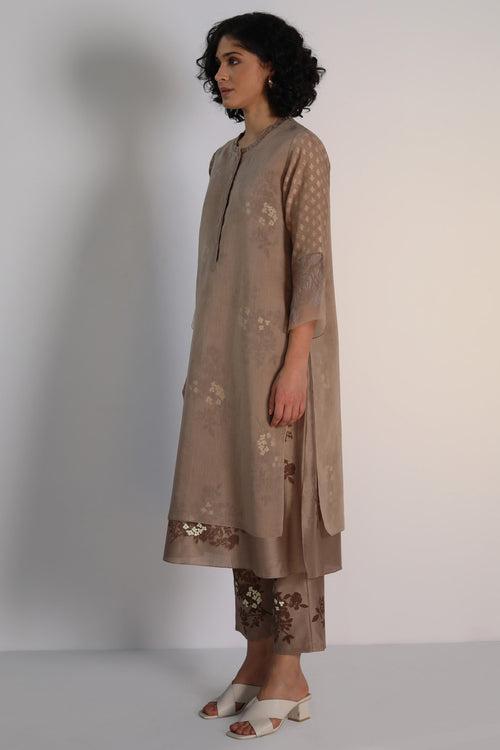 Tonal Yuri Print Double Layered Tunic In Cotton Chanderi And Silk Chanderi And Silk Chanderi Pants