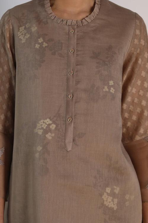 Tonal Yuri Print Double Layered Tunic In Cotton Chanderi And Silk Chanderi And Silk Chanderi Pants