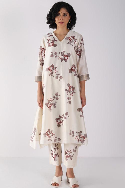 Ivory Tunic in Lavender Sakura Print Silk Chanderi And Silk Chanderi Pants