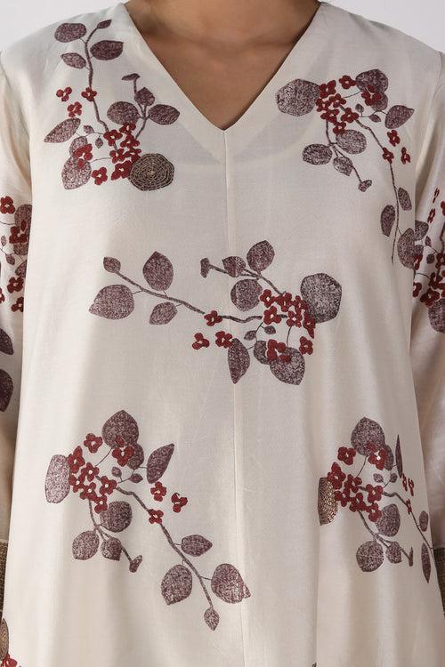 Ivory Tunic in Lavender Sakura Print Silk Chanderi And Silk Chanderi Pants