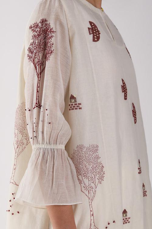Ivory Tunic Red hakoni print cotton chanderi and stripe organza pants with Dupatta