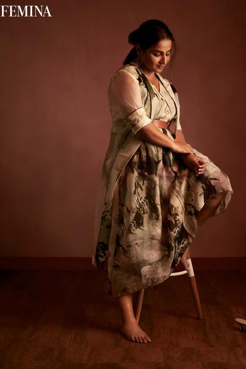 Vidya Balan | Ivory Organza Panel Jacket + Scattered Petals Linen Dress