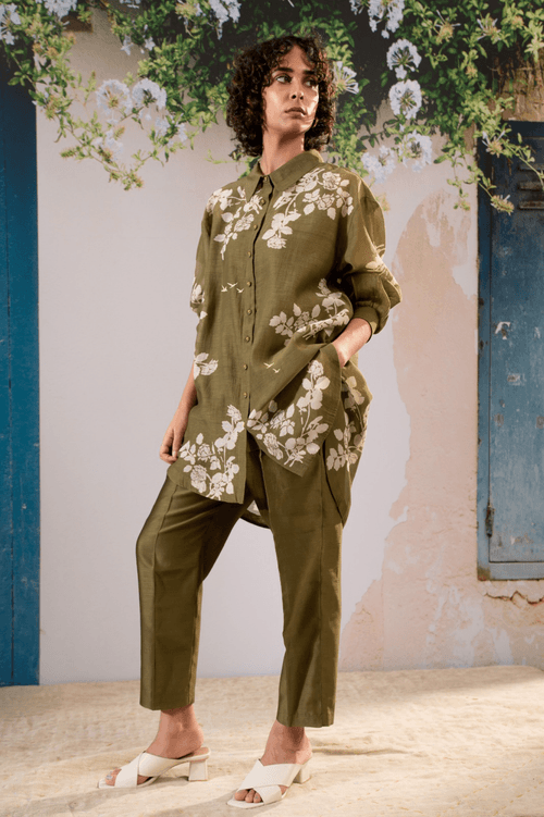 Discharge Print Oversized Shirt And Pant Set In Chanderi