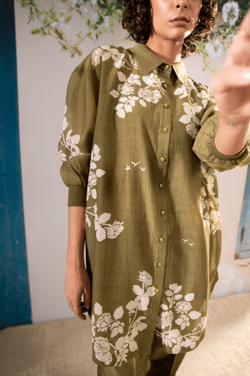 Discharge Print Oversized Shirt And Pant Set In Chanderi